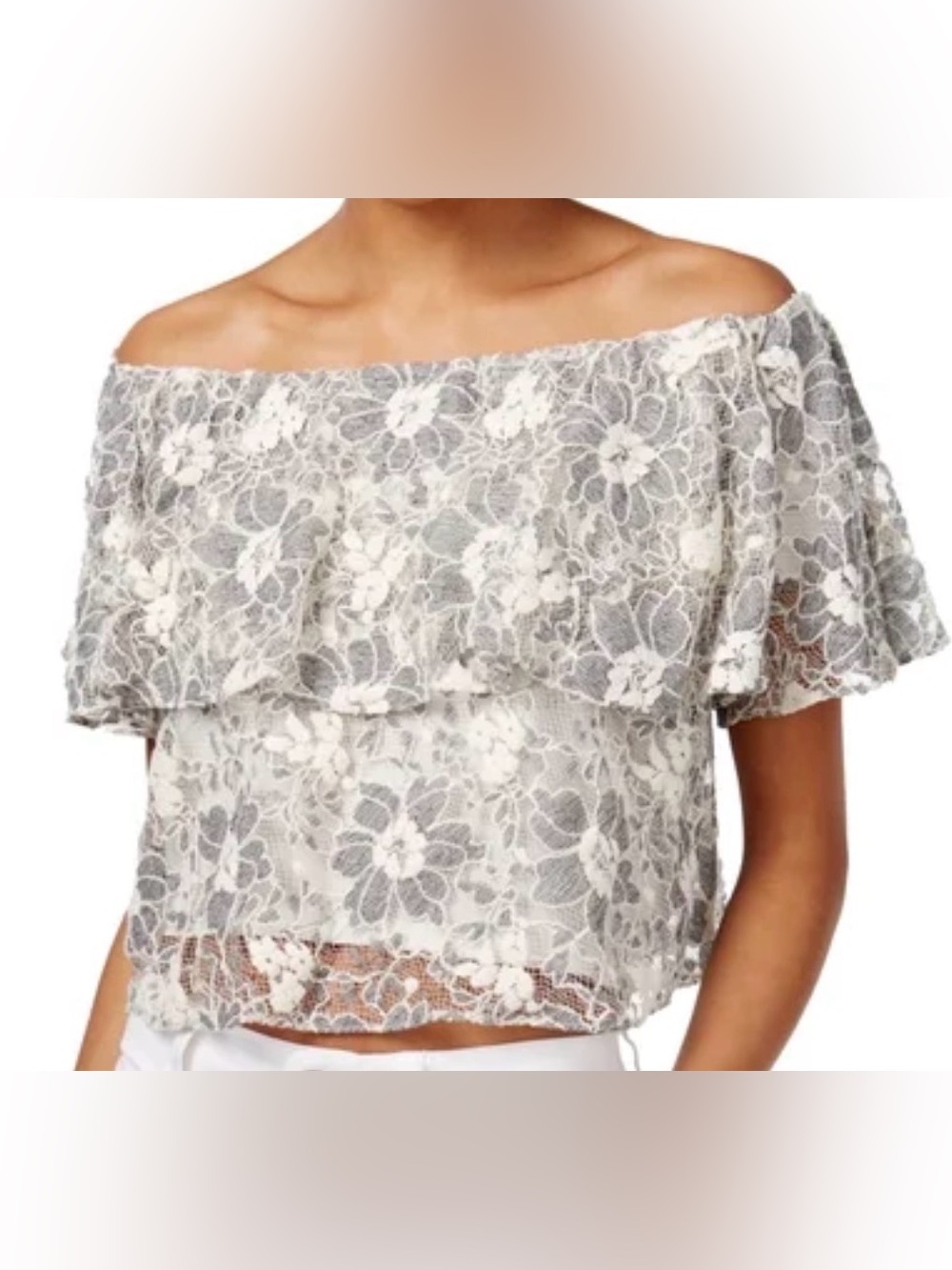 Off-Shoulder Floral Lace Blouse in Cream and Gray - Picture 1 of 8